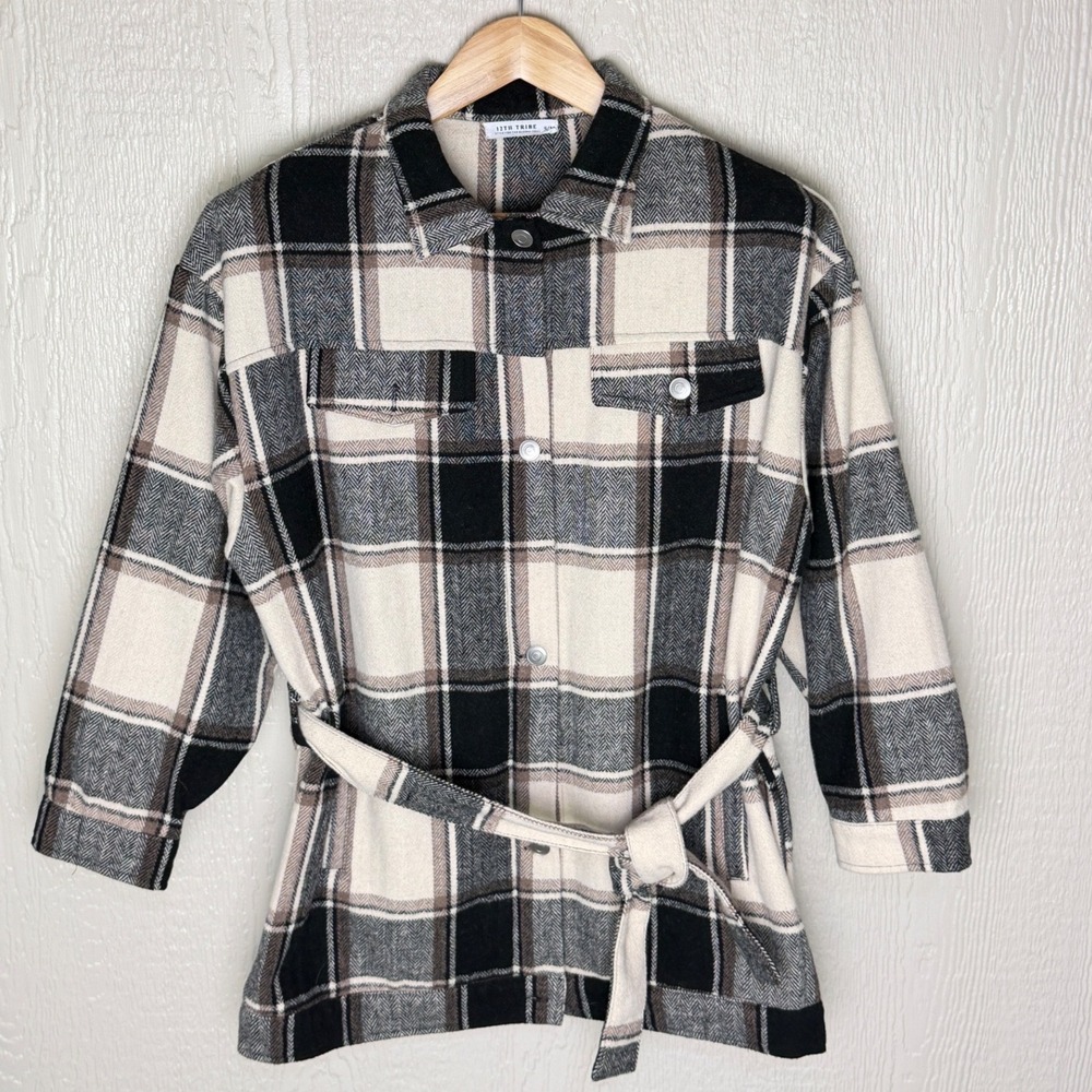 12th Tribe Plaid Belted Shacket Jacket Tan Black Herringbone S/M Fall Winter